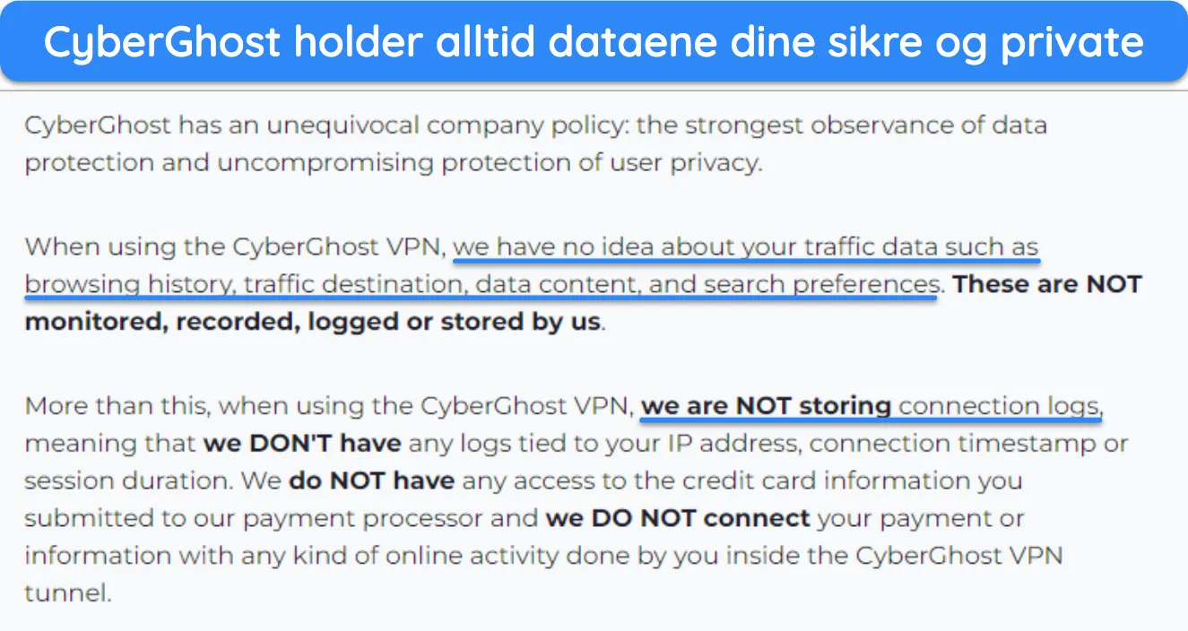 Skjermbilde av CyberGhosts personvernpolicy som sier at den ikke logger brukerdata.