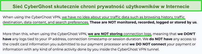 Zrzut ekranu przedstawiający oświadczenie dotyczące prywatności CyberGhost VPN na swojej stronie internetowej