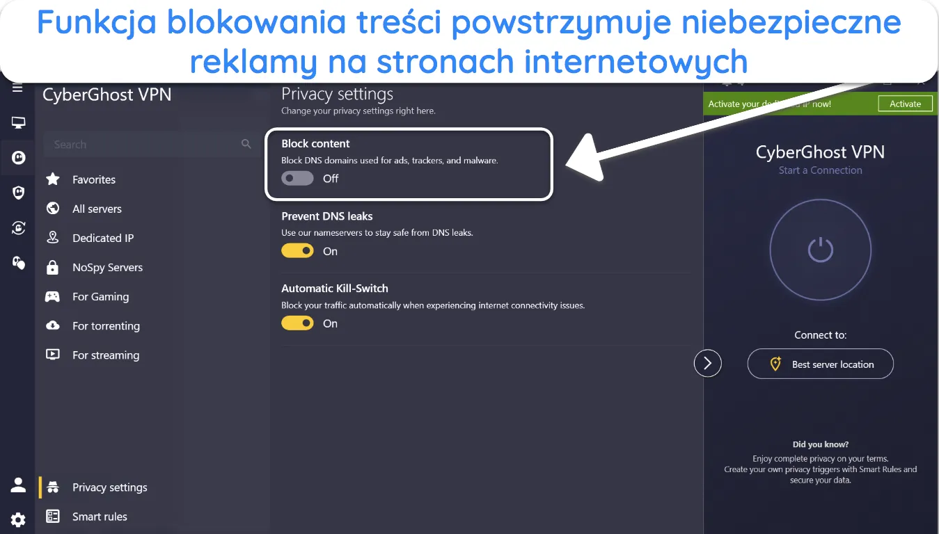 Recenzja CyberGhost CyberGhost blokuje zawartość.