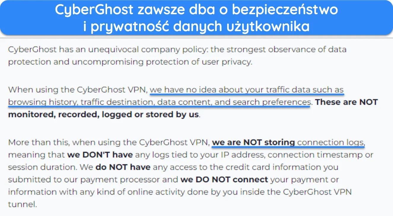 Zrzut ekranu polityki prywatności CyberGhost stwierdzającej, że nie rejestruje danych użytkowników.