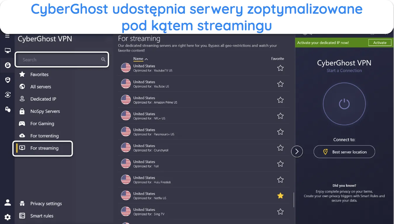 Zrzut ekranu listy serwerów zoptymalizowanych pod kątem przesyłania strumieniowego dla popularnych platform CyberGhost.