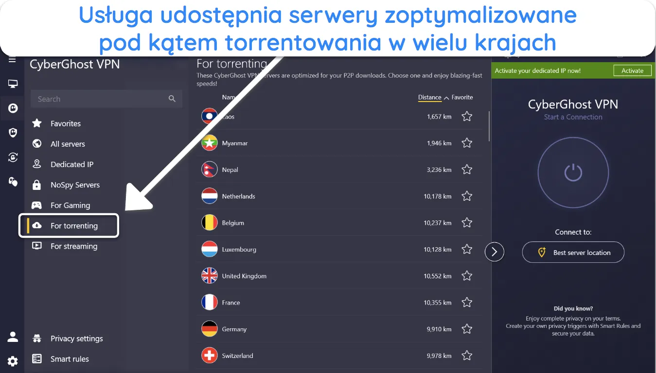 Zrzut ekranu listy serwerów CyberGhost zoptymalizowanych pod kątem torrentów.