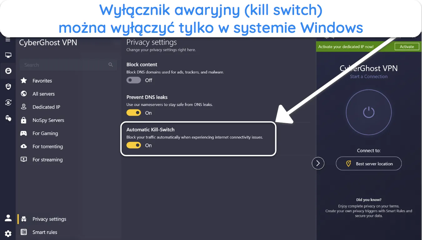 Zrzut ekranu opcji wyłączania automatycznego Kill-Switch w aplikacji CyberGhost dla systemu Windows.