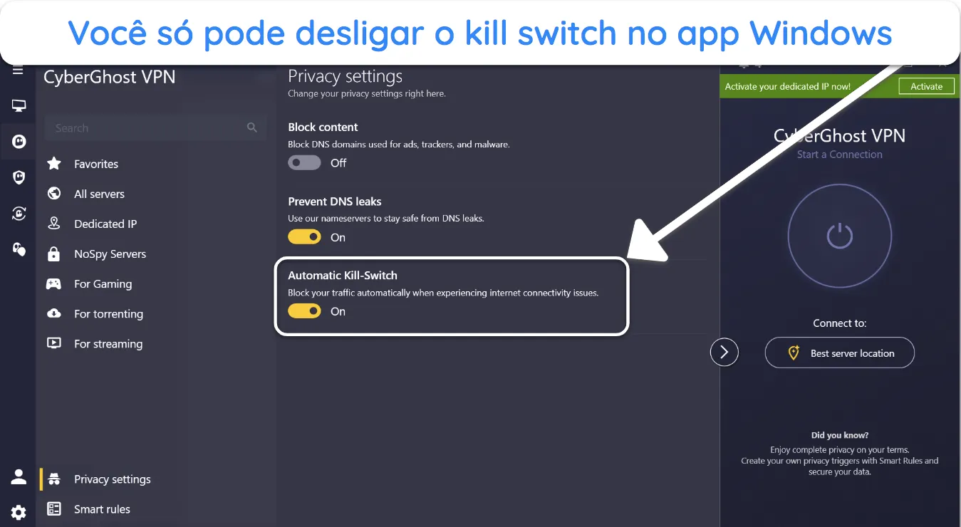 Captura de tela da opção de desativação do Automatic Kill-Switch no aplicativo do CyberGhost para Windows.