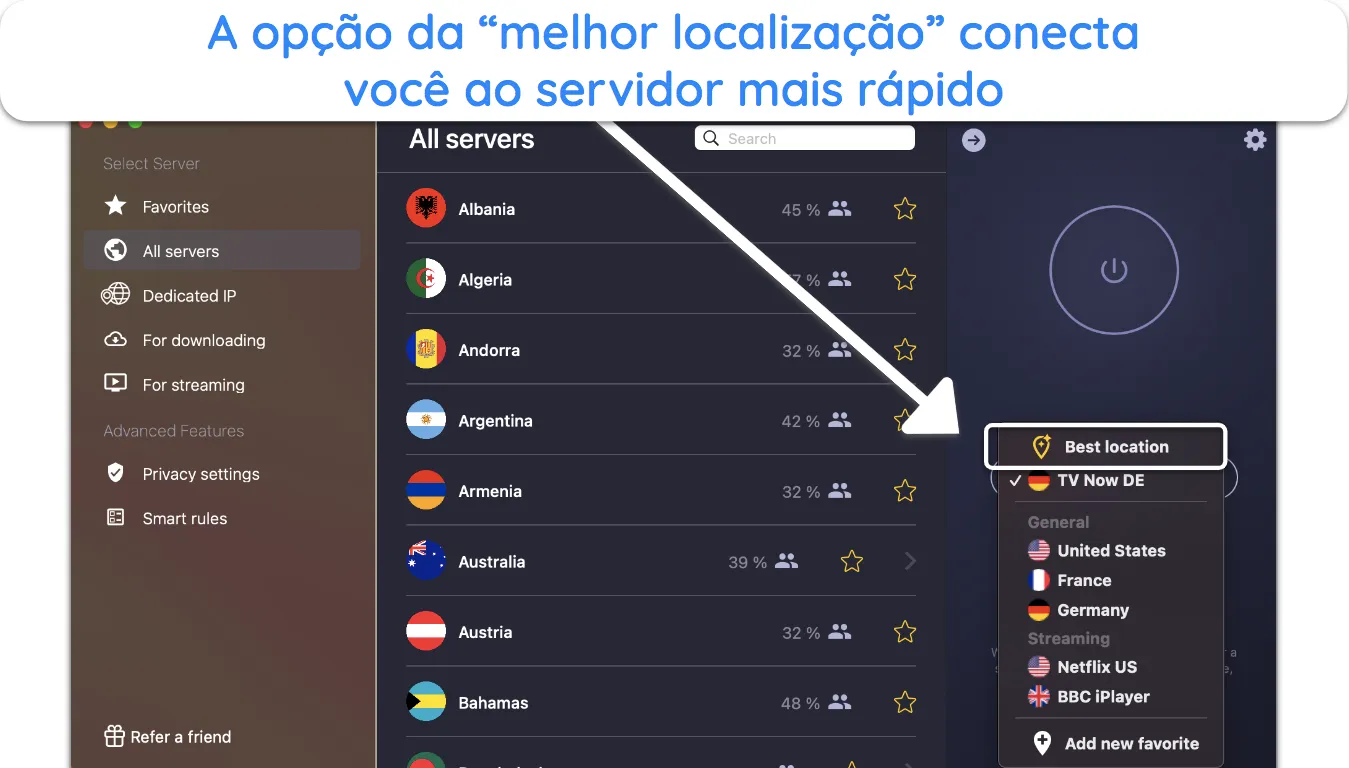 Captura de tela da interface do aplicativo CyberGhost com o melhor recurso de localização.