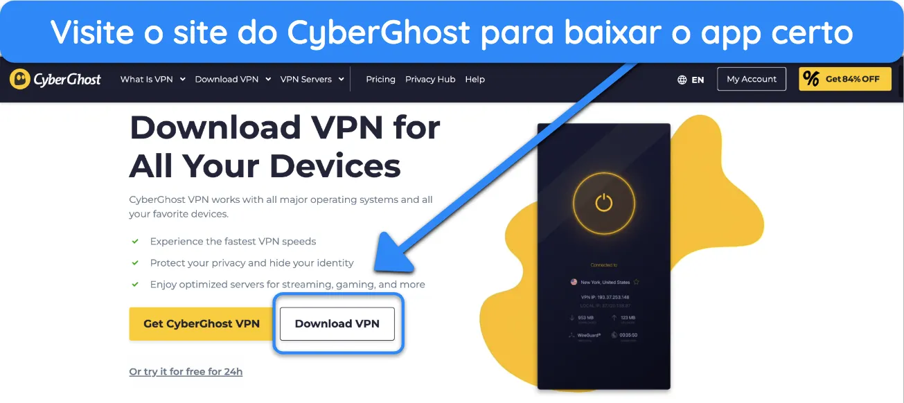 Captura de tela da página de download do aplicativo do CyberGhost.