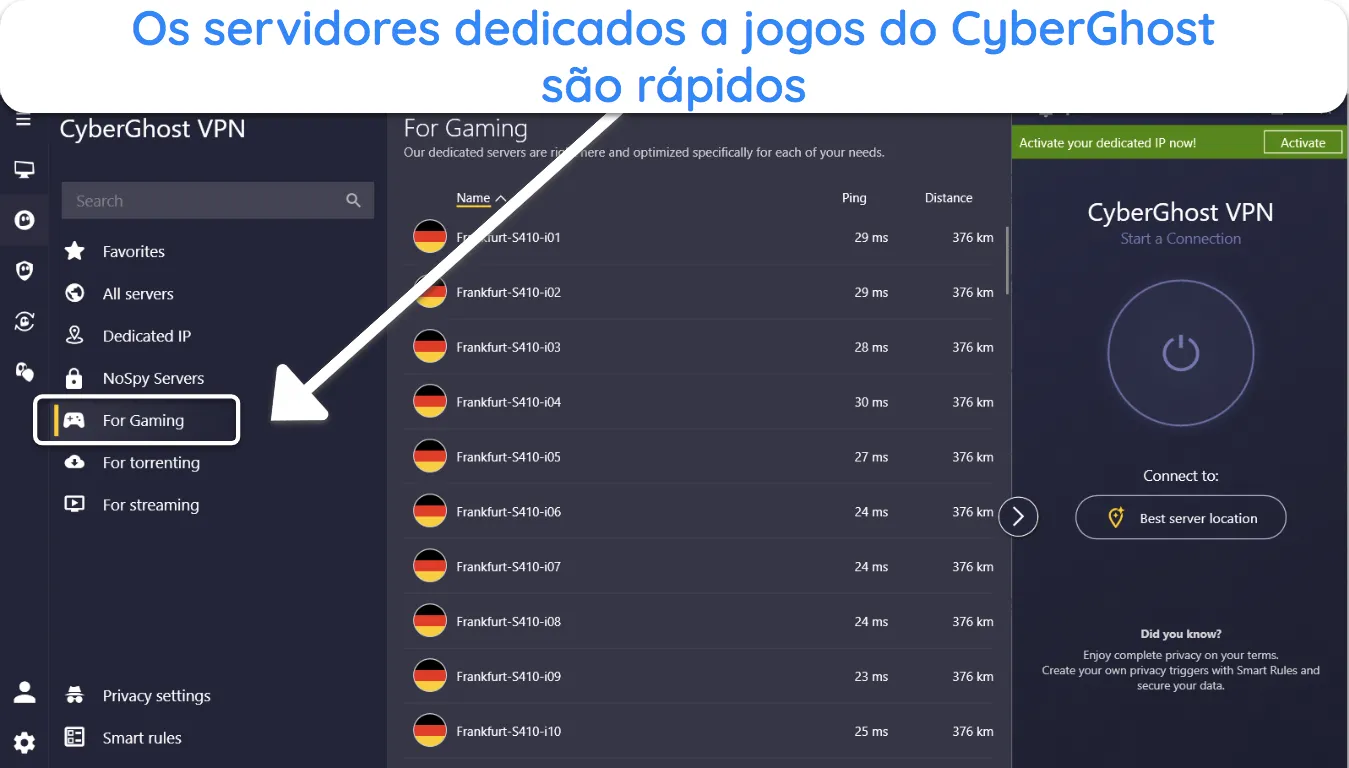 Captura de tela do aplicativo do CyberGhost para Windows com seus servidores de jogos otimizados.