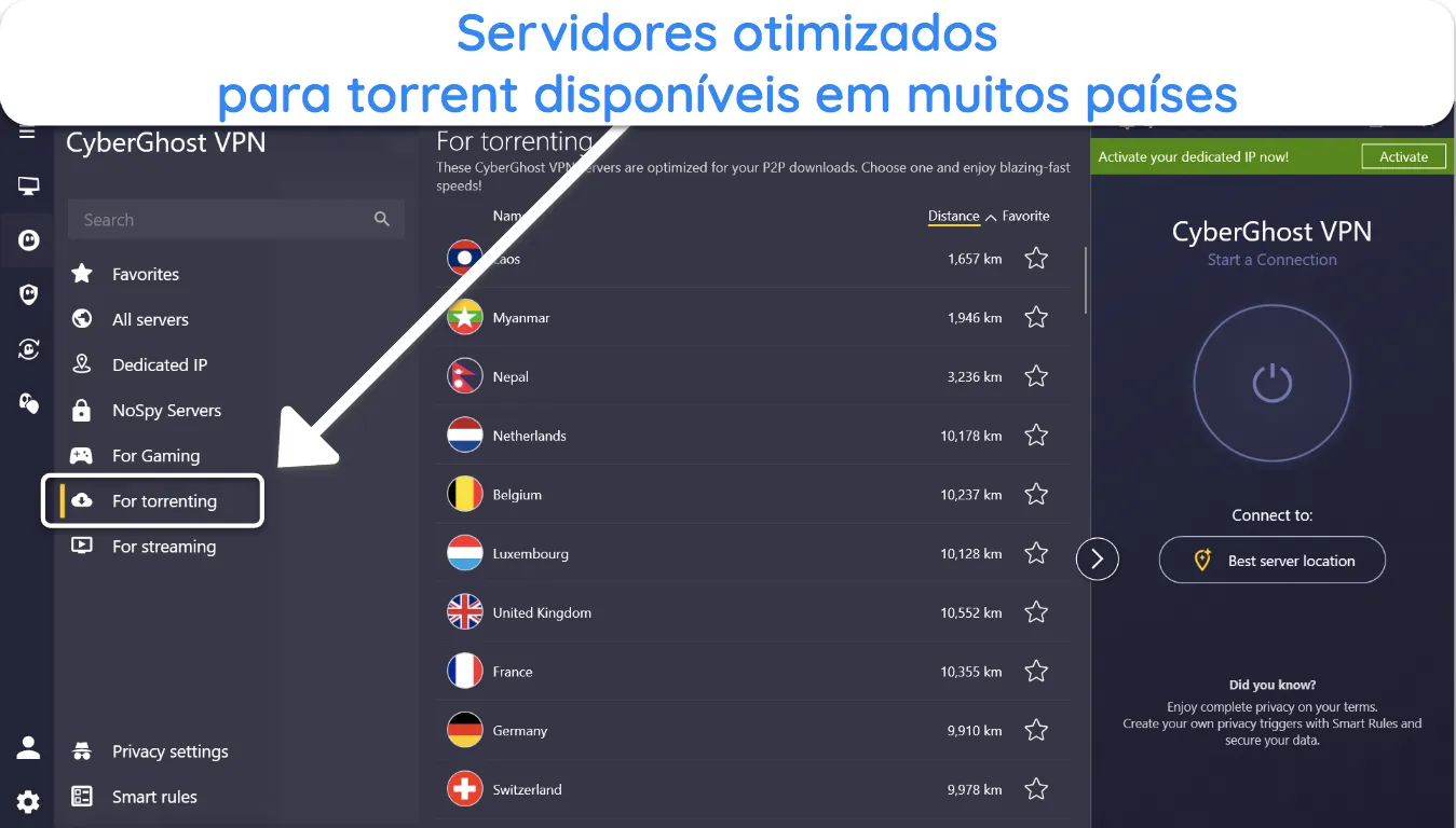 Captura de tela da lista de servidores otimizados para torrent da CyberGhost.