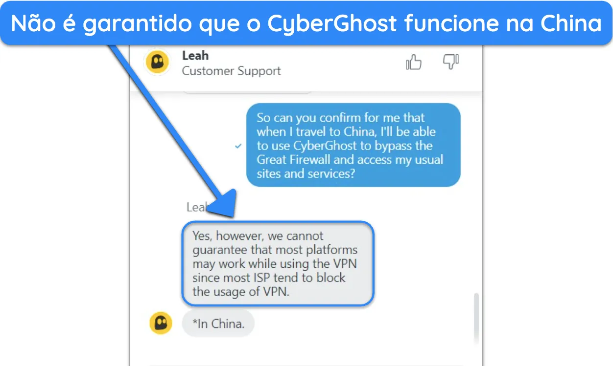 Captura de tela da comunicação com um agente de chat ao vivo da CyberGhost sobre sua usabilidade na China.