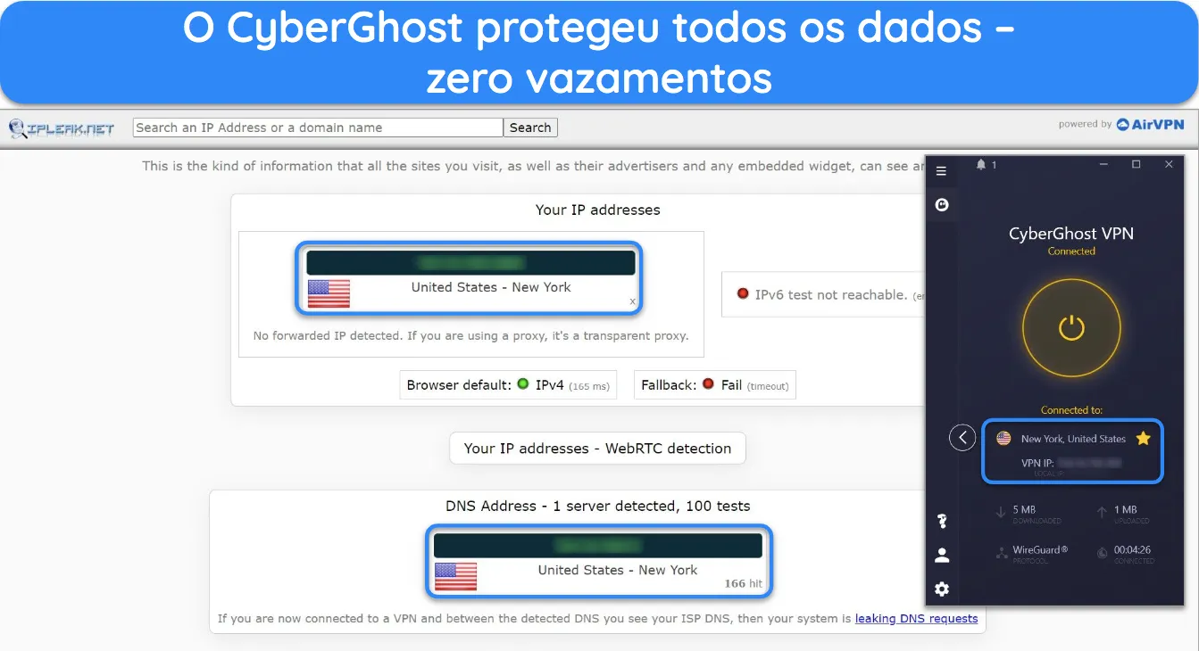 Captura de tela dos resultados do teste de vazamento na CyberGhost.