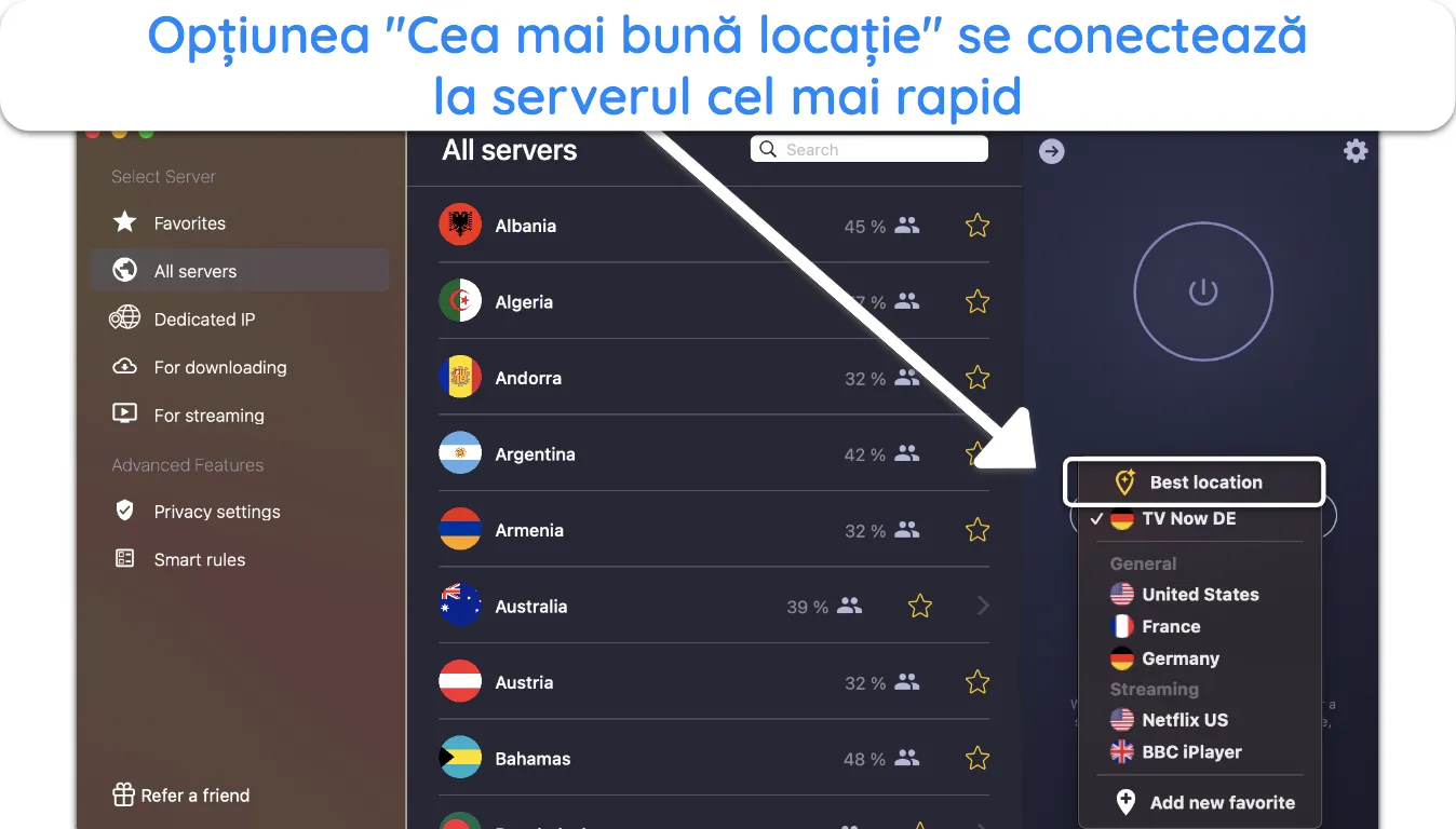 Captură de ecran a interfeței aplicației CyberGhost cu cea mai bună locație.