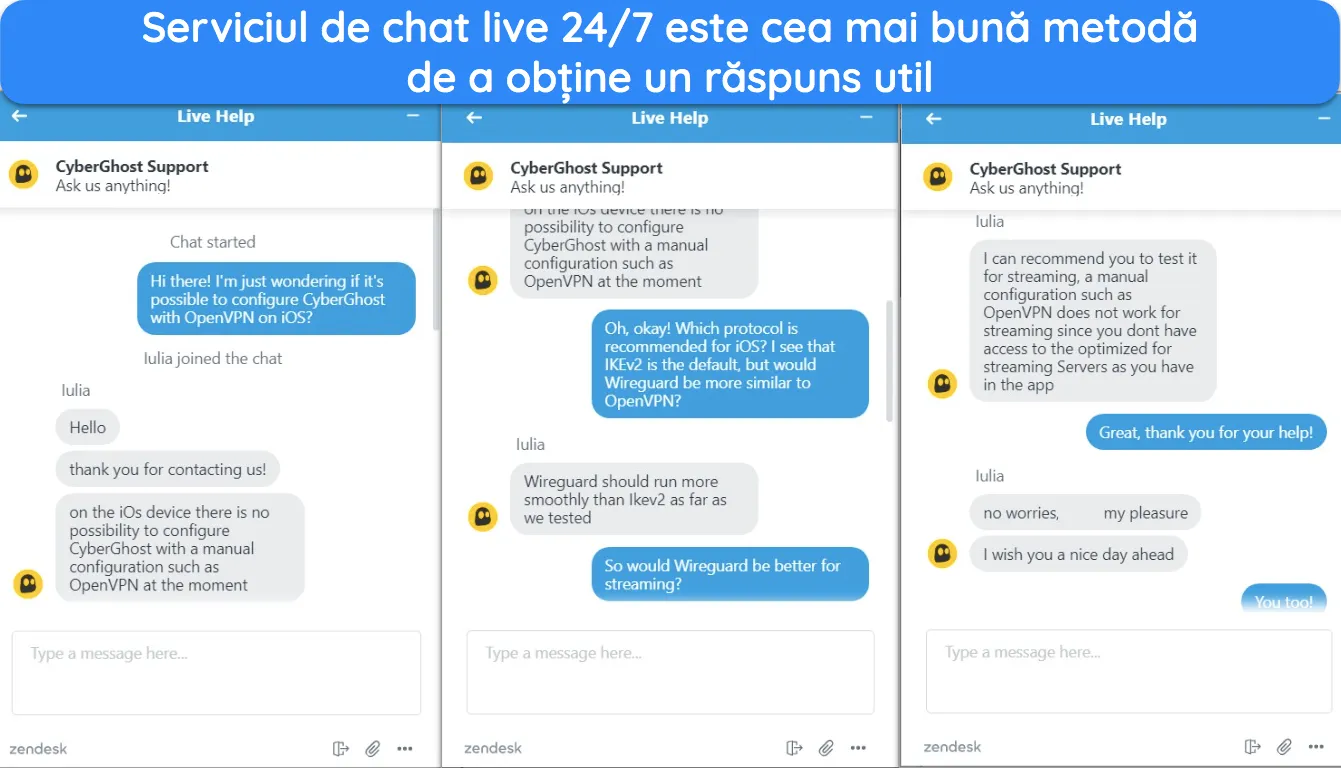 Capturi de ecran ale chat-ului live al CyberGhost, care arată un agent de asistență pentru clienți care răspunde la o întrebare despre OpenVPN pe iOS.