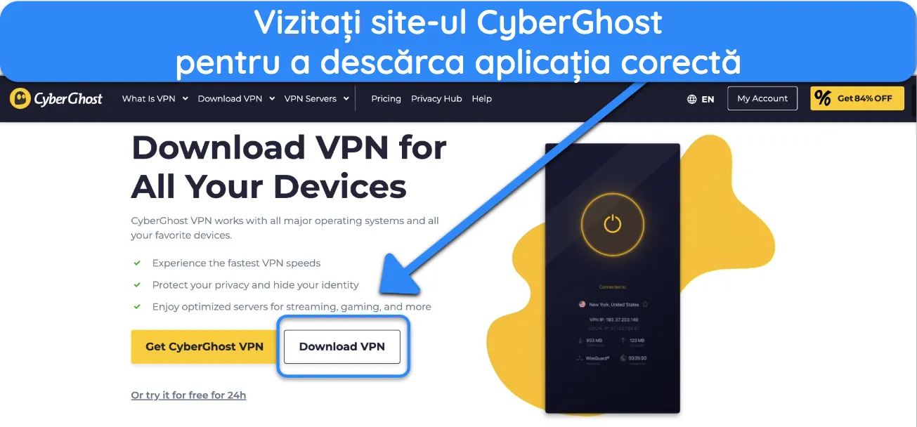 Captură de ecran a paginii de descărcare a aplicației CyberGhost.