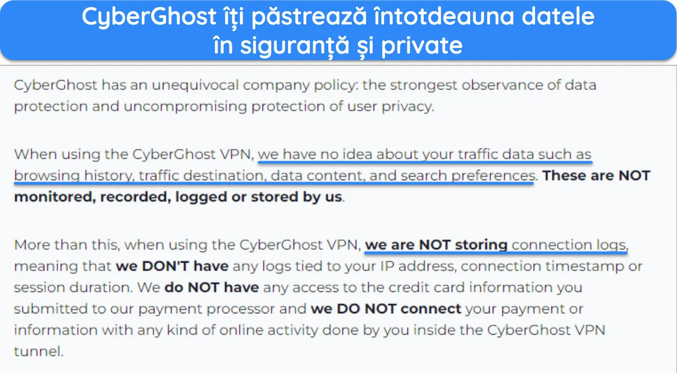 Captură de ecran a politicii de confidențialitate a CyberGhost care arată că nu înregistrează datele utilizatorului.