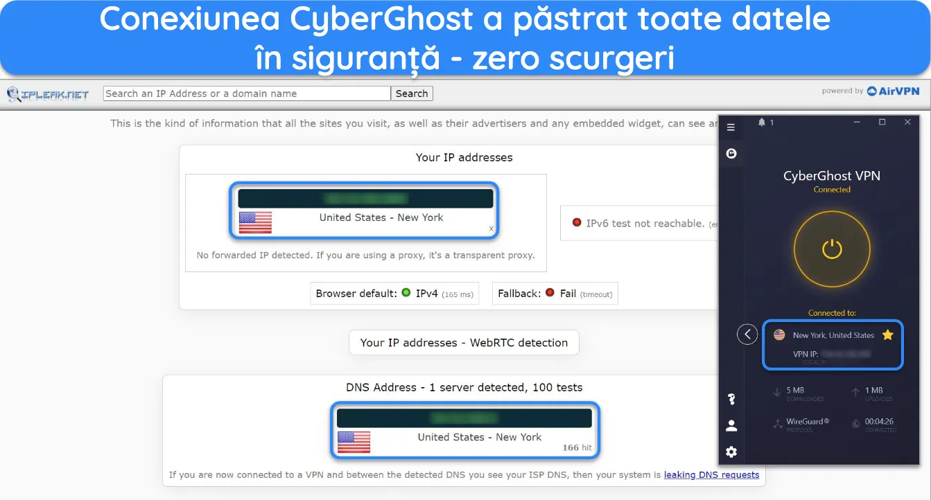 Captură de ecran a rezultatelor testelor de scurgeri pe CyberGhost.