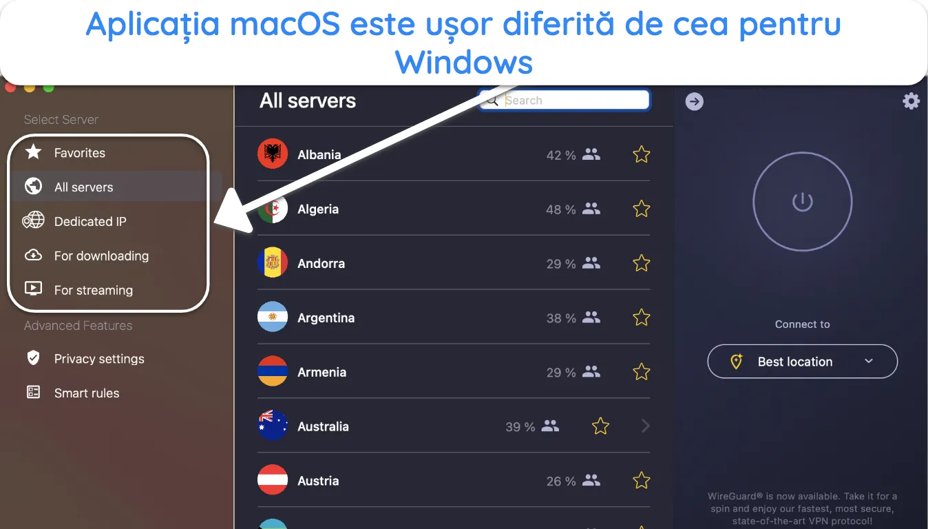 Captură de ecran a interfeței aplicației CyberGhost pentru Mac.