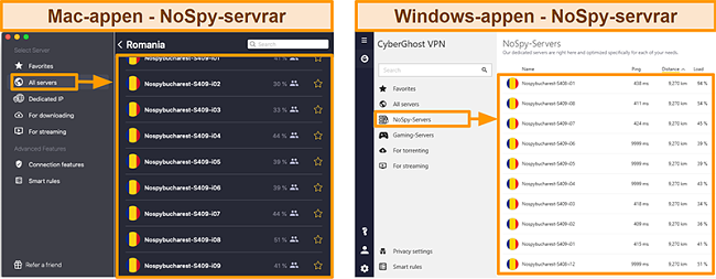 Skärmdump av CyberGhost VPNs NoSpy-servrar på Windows versus Mac-appen