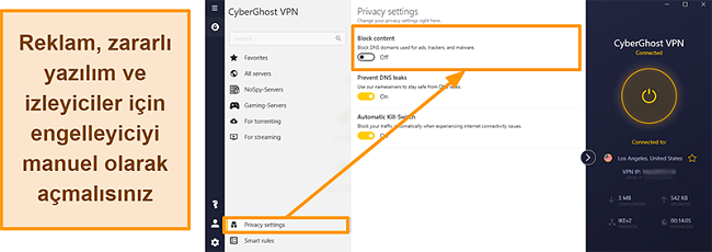 CyberGhost VPN'in reklam, izleyici ve kötü amaçlı yazılım engelleyicisinin ekran görüntüsü