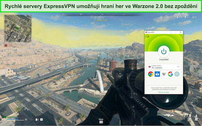 Snímek obrazovky ExpressVPN připojeného k britskému serveru při hraní Warzone 2.0