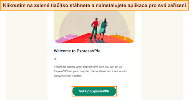 Obrázek potvrzení e-mailu od ExpressVPN, který uživatele vyzve, aby kliknul na tlačítko nastavení.