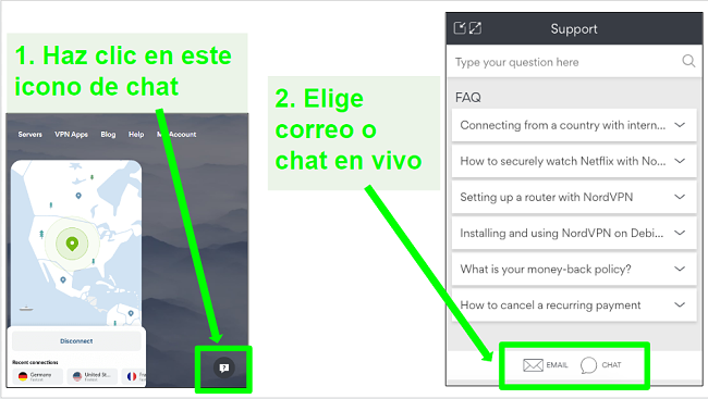 Capturas de pantalla de las opciones de solicitud de reembolso de NordVPN a través de chat en vivo o correo electrónico