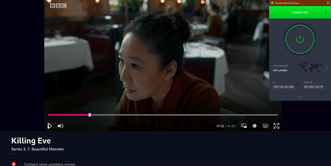 Captura de pantalla que muestra PrivateVPN desbloqueando BBC iPlayer y transmitiendo Killing Eve después de conectarse a un servidor del Reino Unido