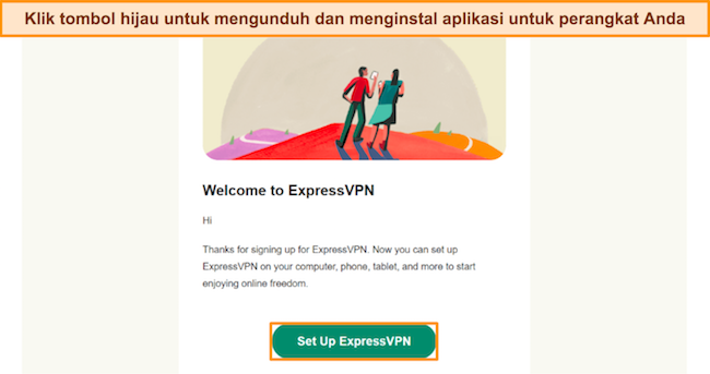 Gambar konfirmasi email dari ExpressVPN, meminta pengguna untuk mengeklik tombol penyiapan.