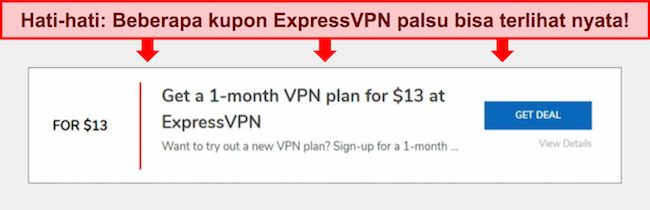 Tangkapan layar kupon ExpressVPN palsu.