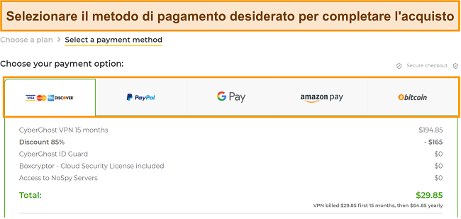Screenshot dei metodi di pagamento accettati da CyberGhost