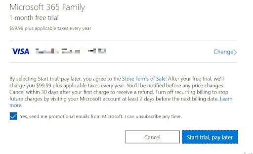 Xác nhận thanh toán thử nghiệm miễn phí của Microsoft 365