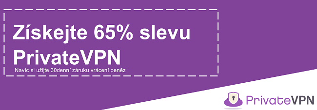 Obrázek fungujícího kupónu PrivateVPN nabízejícího slevu 65% s 30denní zárukou vrácení peněz