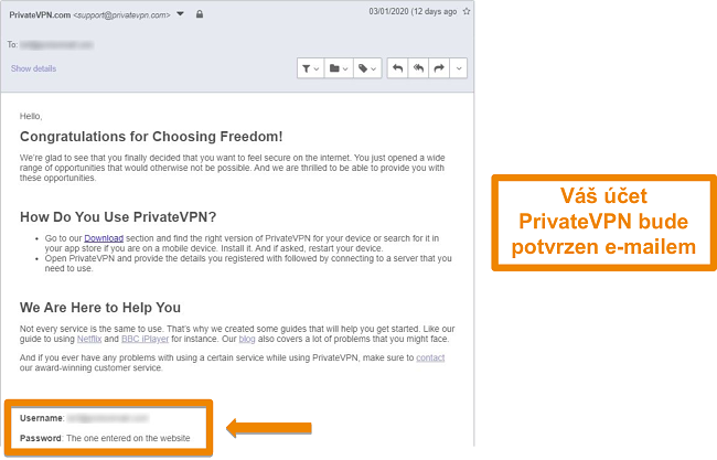 Snímek obrazovky s potvrzením e-mailu PrivateVPN po přihlášení k účtu