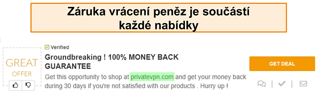 Screenshot kupónu PrivateVPN inzerujícího záruku vrácení peněz jako „dohodu“