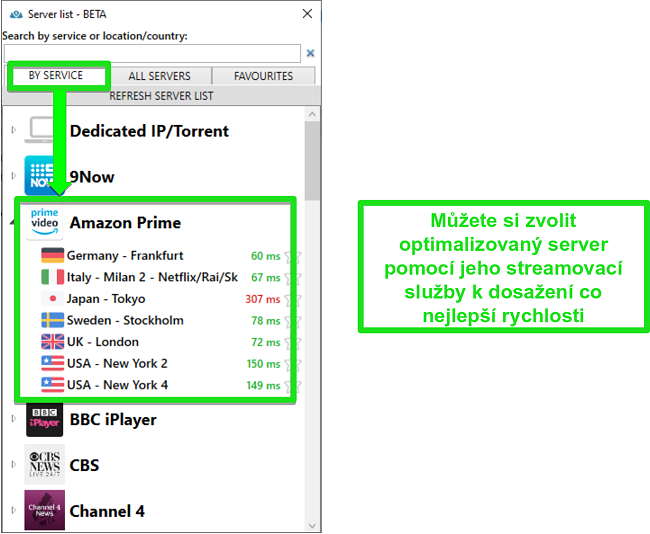 Screenshot možností streamovacího serveru pro PrivateVPN