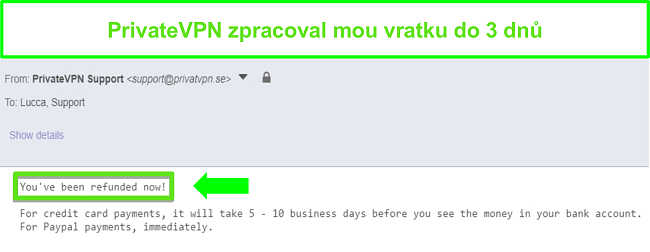 Screenshot z odpovědi PrivateVPN po zpracování vrácení peněz