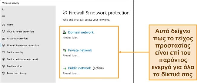 Στιγμιότυπο οθόνης της εφαρμογής Ασφάλεια των Windows που δείχνει την κατάσταση προστασίας τείχους προστασίας και δικτύου