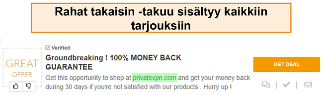 Kuvakaappaus PrivateVPN-kuponista, jossa mainostetaan rahanpalautustakuu 