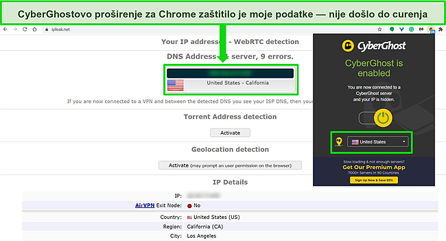 Snimka zaslona CyberGhostovog proširenja preglednika Chrome povezanog s američkim poslužiteljem s rezultatima testa propuštanja koji pokazuje da nema curenja podataka.