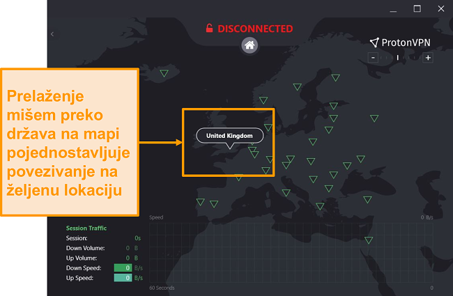 Snimka zaslona interaktivne mape poslužitelja Proton VPN-a.