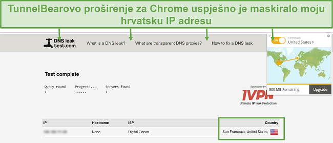 Snimka zaslona rezultata ispitivanja curenja DNS-a kada je spojen na TunnelBear.