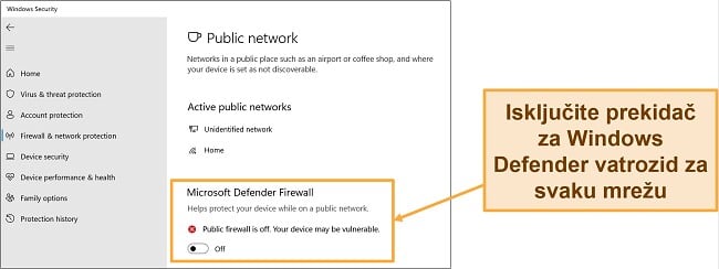 Snimka zaslona sigurnosne aplikacije Windows koja prikazuje isključen vatrozid Microsoft Defender