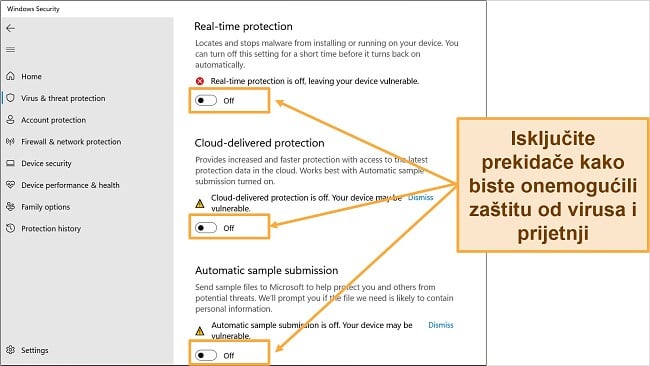 Snimka zaslona sigurnosne aplikacije Windows koja prikazuje isključenu zaštitu od virusa i prijetnji