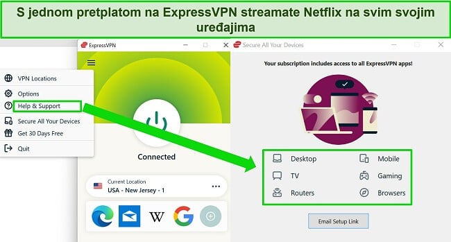 Snimka zaslona ExpressVPN Windows aplikacije koja prikazuje opcije uređaja za korištenje ExpressVPN-a