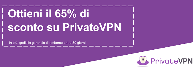Immagine di un coupon di PrivateVPN funzionante che offre uno sconto del 65% con una garanzia di rimborso di 30 giorni