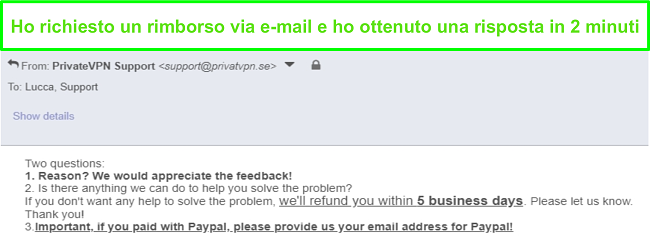 Screenshot di PrivateVPN che risponde rapidamente alla mia richiesta di rimborso tramite e-mail