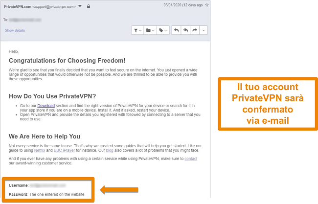 Screenshot di un'e-mail di conferma di PrivateVPN dopo la registrazione di un account