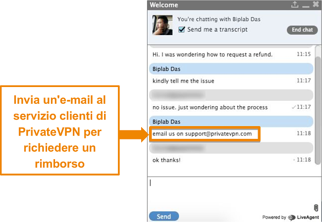 Screenshot di un agente di live chat di PrivateVPN che fornisce istruzioni per inviare una richiesta di rimborso tramite e-mail