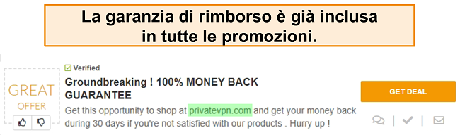 Screenshot di un coupon di PrivateVPN che pubblicizza una garanzia di rimborso come un 