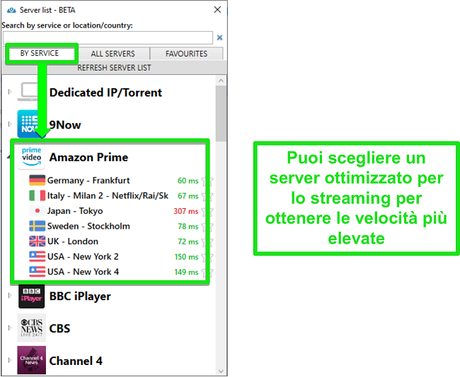 Screenshot delle posizioni dei server di PrivateVPN nell'elenco 