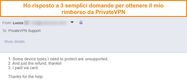 Screenshot delle risposte per richiedere un rimborso di PrivateVPN tramite e-mail